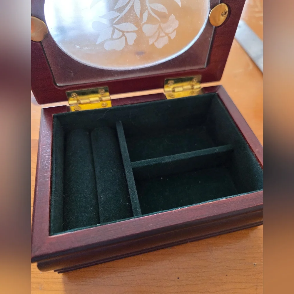 Small Wood Jewelry Box Glass Oval With Etched Flower Top